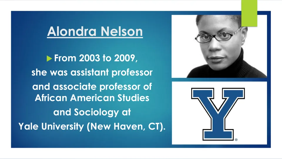 Career slide covering Nelson’s 2003–2009 Yale professorships in African American Studies and Sociology