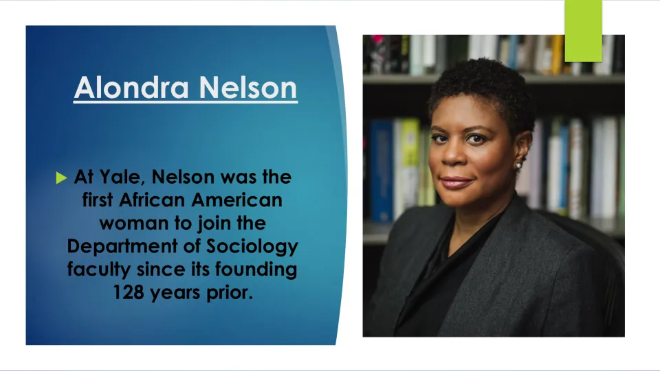 Career slide identifying Nelson as the first African American woman on Yale’s sociology department faculty
