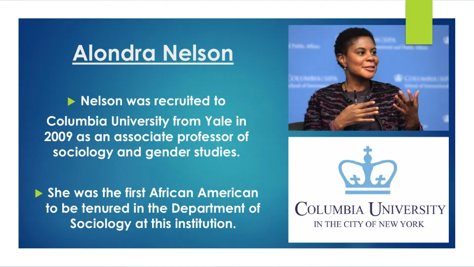 Career slide covering Nelson’s 2009 move to Columbia and her milestone as its first Black sociology tenured faculty