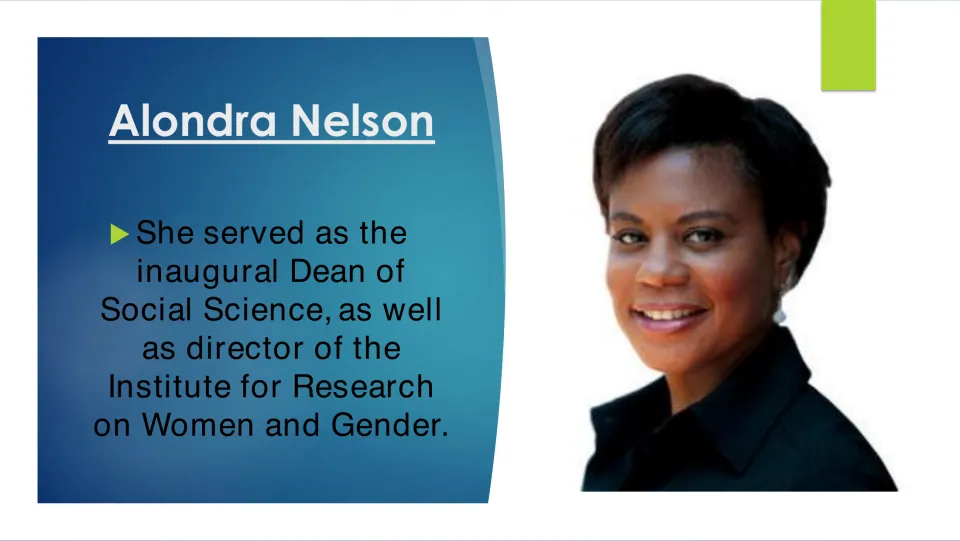 Leadership slide listing Nelson’s roles as inaugural social science dean and women and gender research director