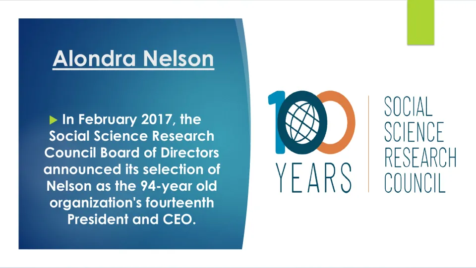 Leadership slide describing Nelson’s 2017 selection as Social Science Research Council president and CEO