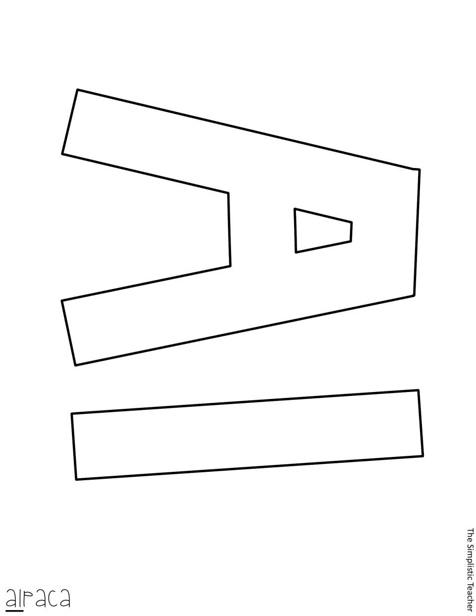 Cut-out pieces: blank outline letters A and l, printed sideways, for spelling the word alpaca on the display
