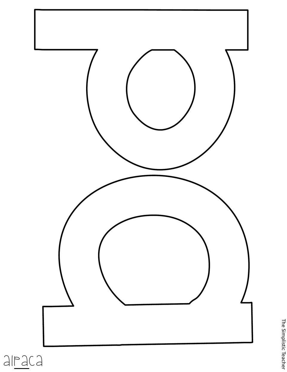 Cut-out pieces: blank outline letters p and a, printed sideways, the middle letters of the word alpaca