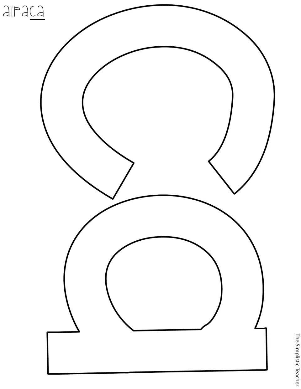Cut-out pieces: blank outline letters c and a, printed sideways, finishing the word alpaca for the door title