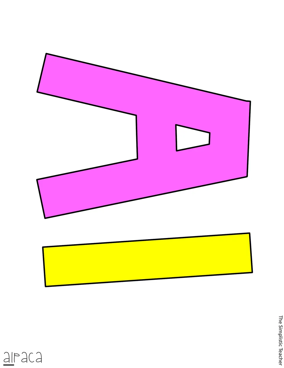 Cut-out pieces: color letters A in pink and l in yellow, printed sideways, starting the word alpaca