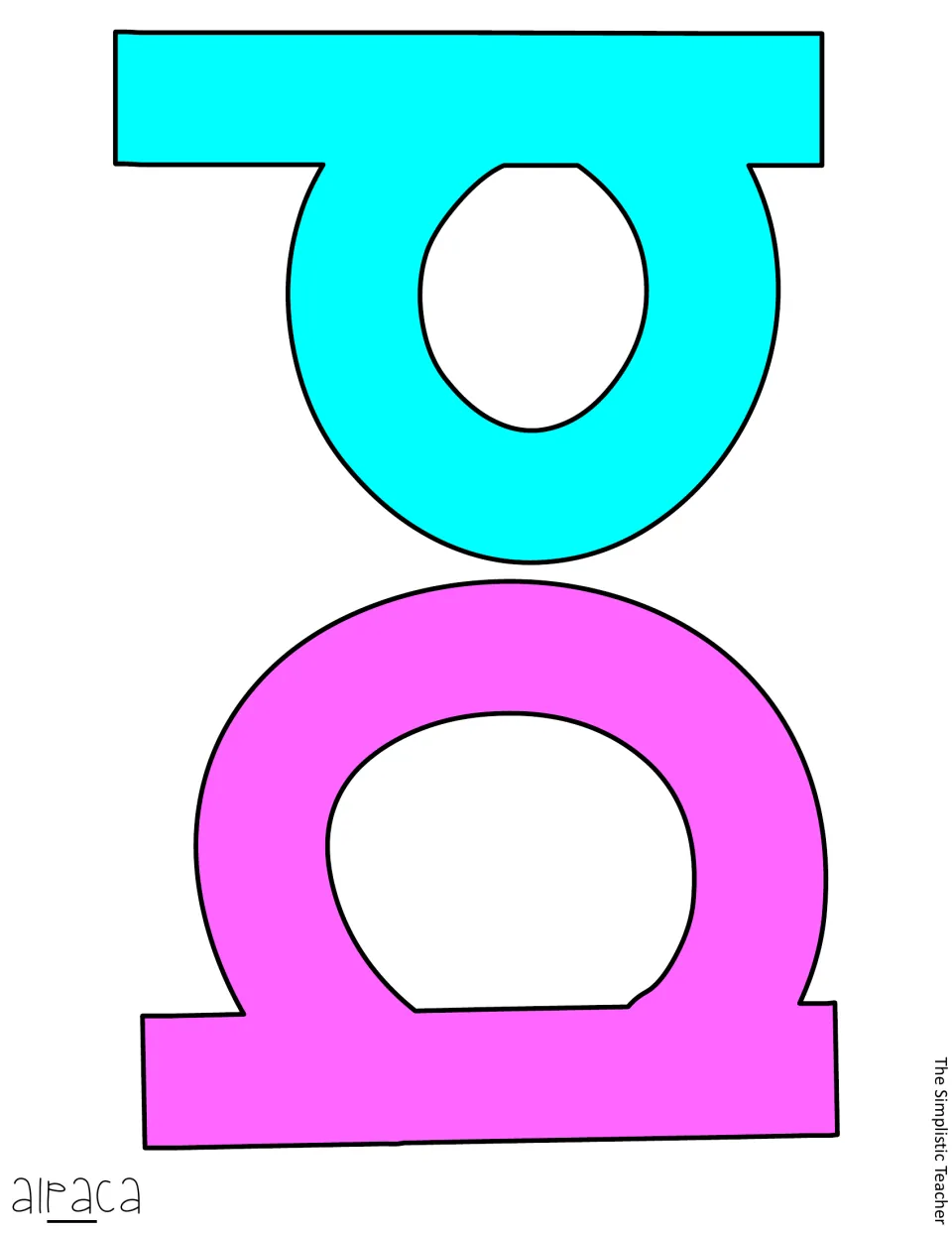 Cut-out pieces: color letters p in cyan and a in pink, printed sideways, continuing the word alpaca