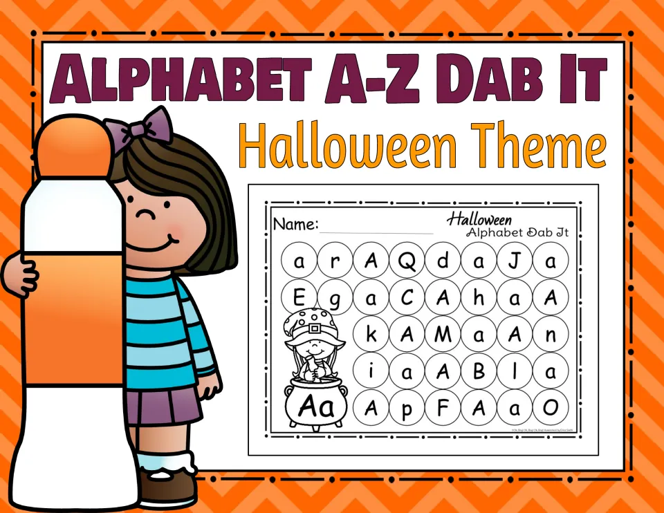 Cover of Alphabet A-Z Dab It - Halloween Theme, showing a sample activity for finding uppercase and lowercase A.