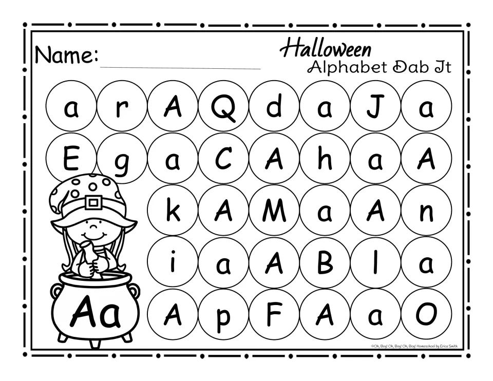 Letter A dab-it practice page: find and mark uppercase A and lowercase a among other letters for Halloween.