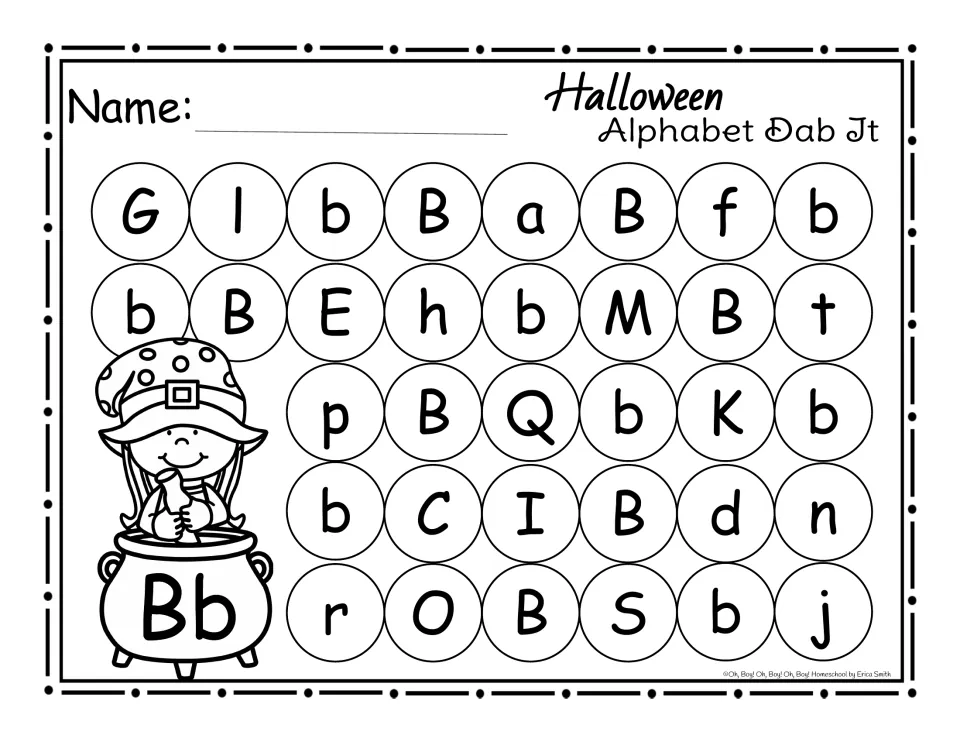 Letter B dab-it practice page: find and mark uppercase B and lowercase b among other letters for Halloween.