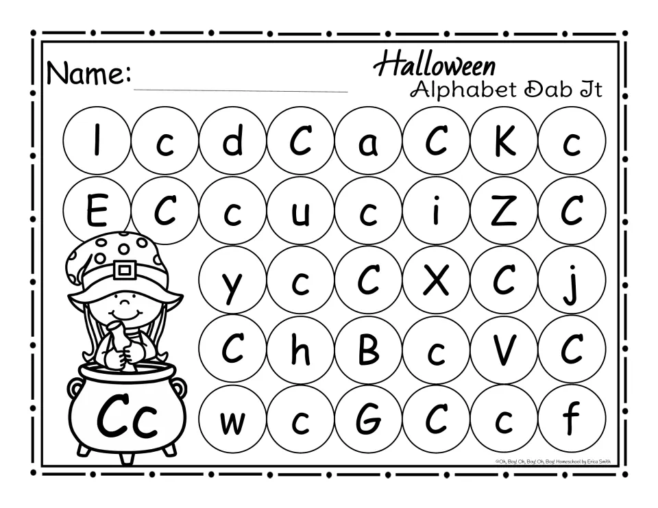Letter C dab-it practice page: find and mark uppercase C and lowercase c among other letters for Halloween.