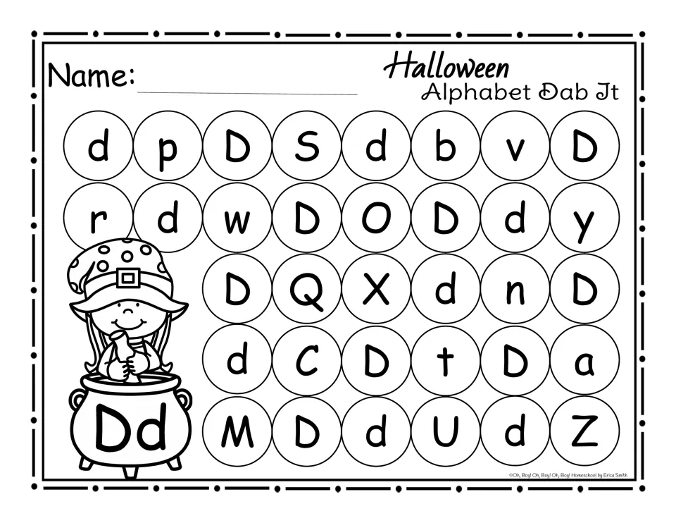 Letter D dab-it practice page: find and mark uppercase D and lowercase d among other letters for Halloween.