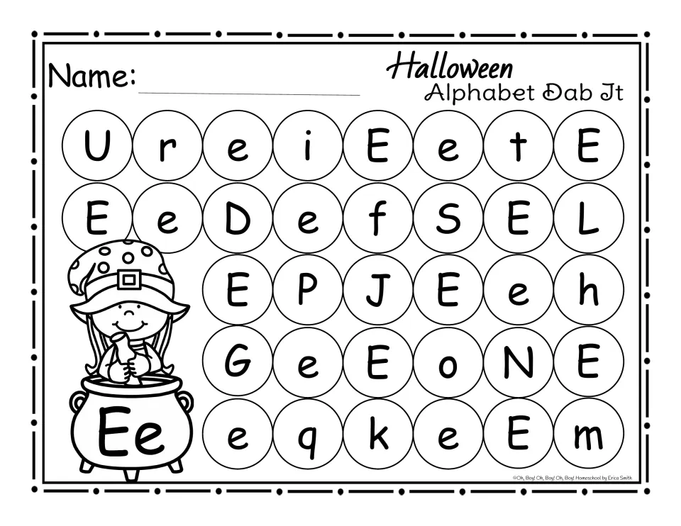 Letter E dab-it practice page: find and mark uppercase E and lowercase e among other letters for Halloween.