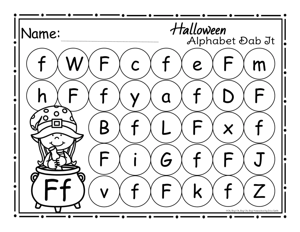Letter F dab-it practice page: find and mark uppercase F and lowercase f among other letters for Halloween.