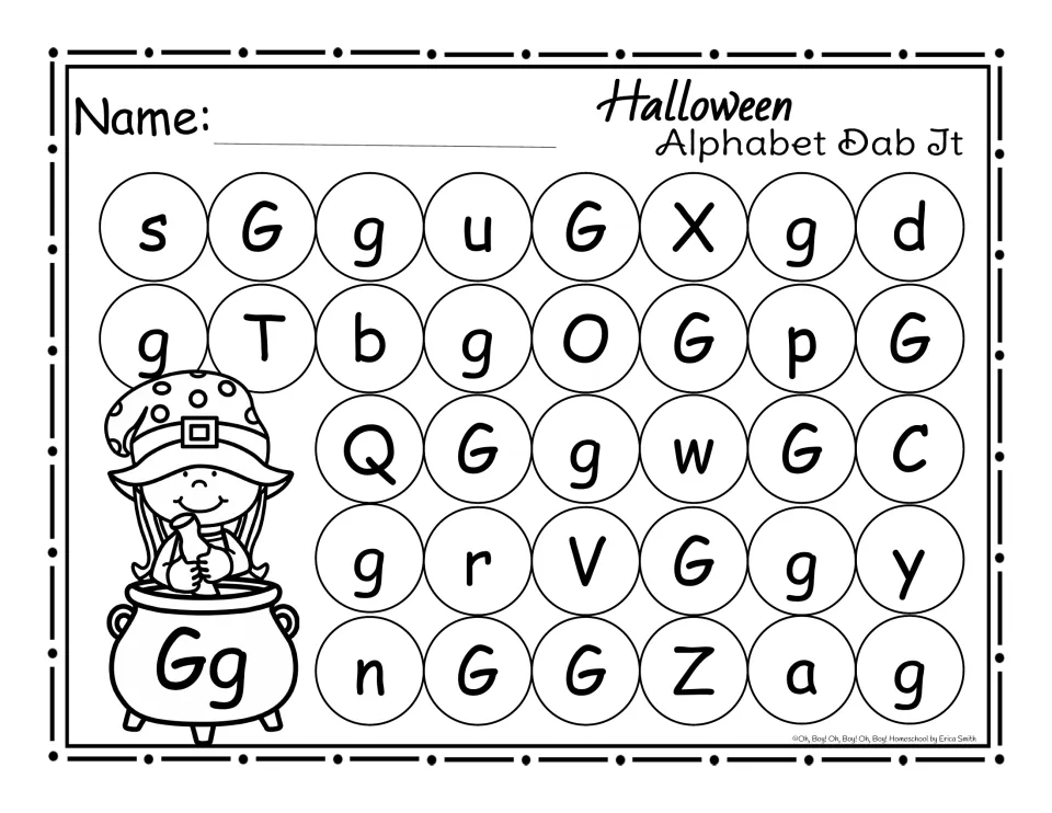 Letter G dab-it practice page: find and mark uppercase G and lowercase g among other letters for Halloween.