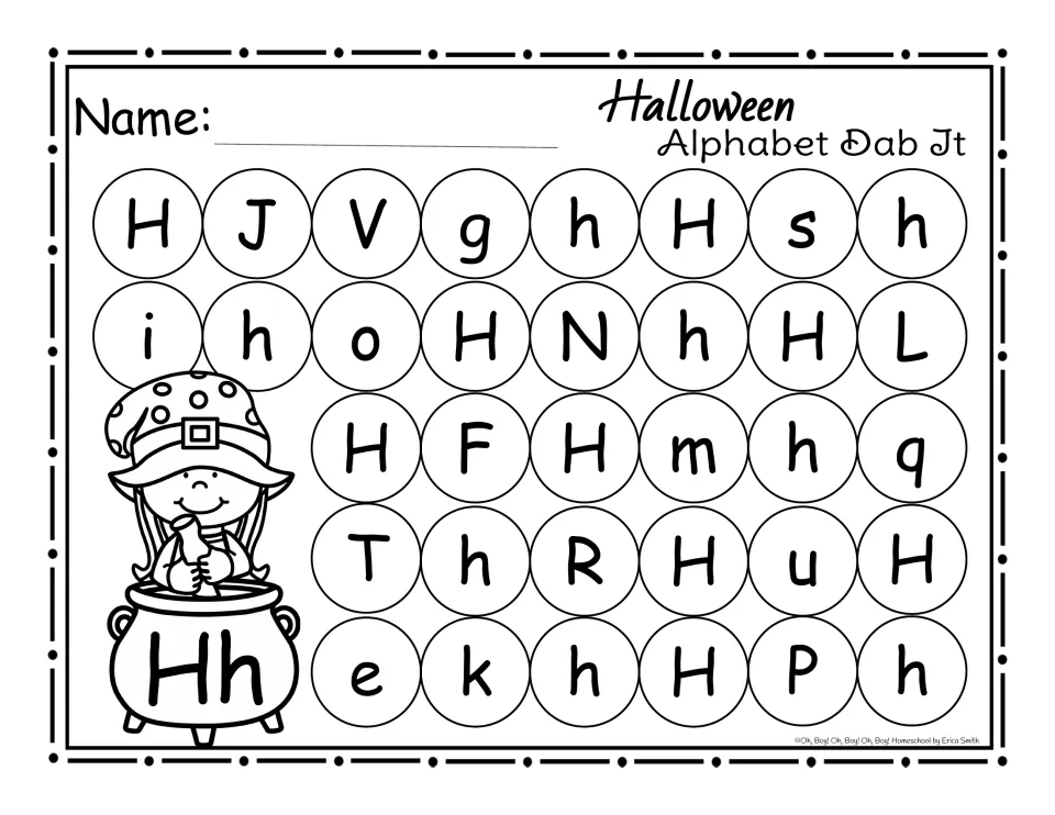 Letter H dab-it practice page: find and mark uppercase H and lowercase h among other letters for Halloween.