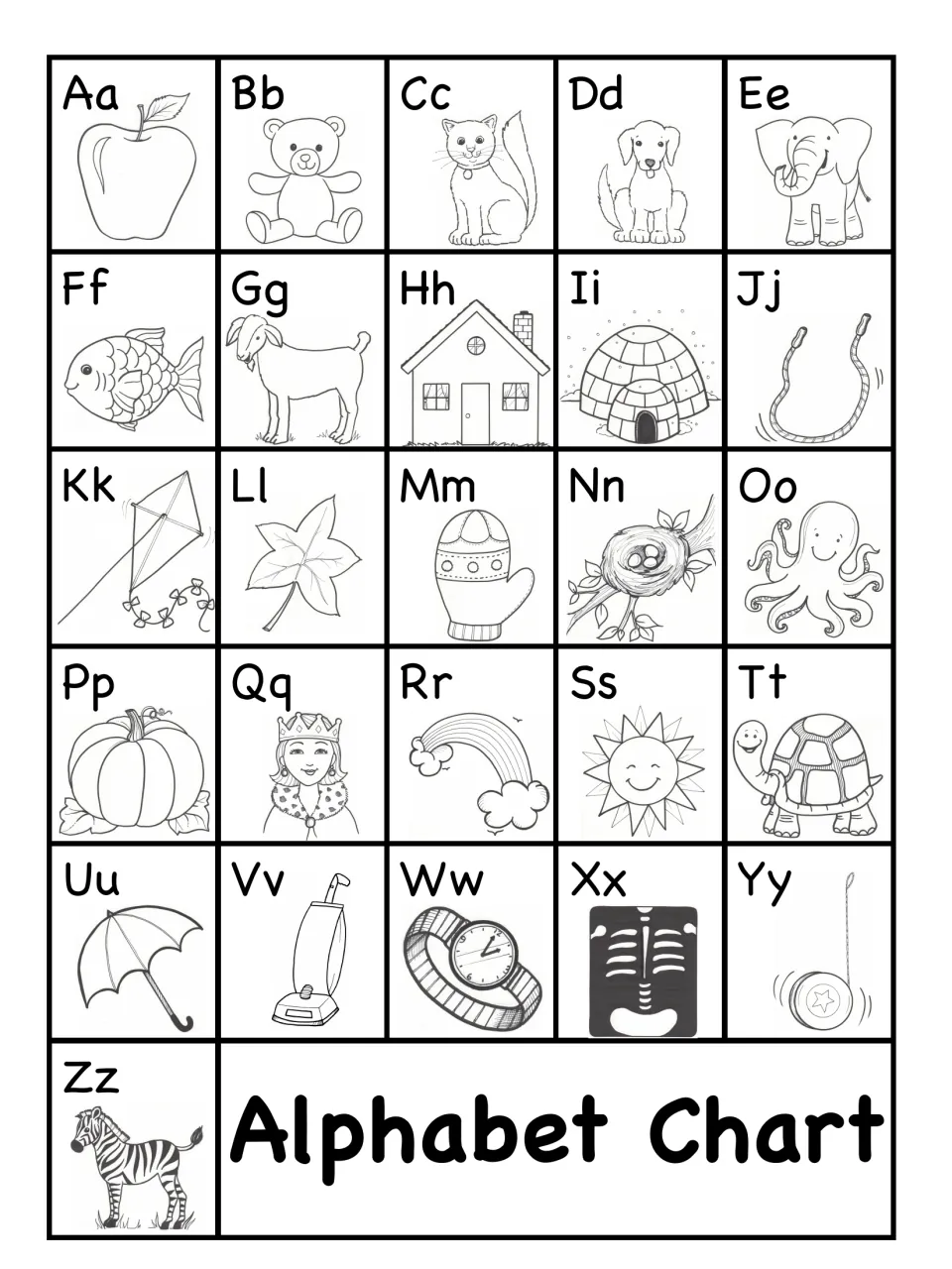 Black-and-white Alphabet Chart: Aa to Zz with line-art pictures such as igloo, kite, octopus and umbrella