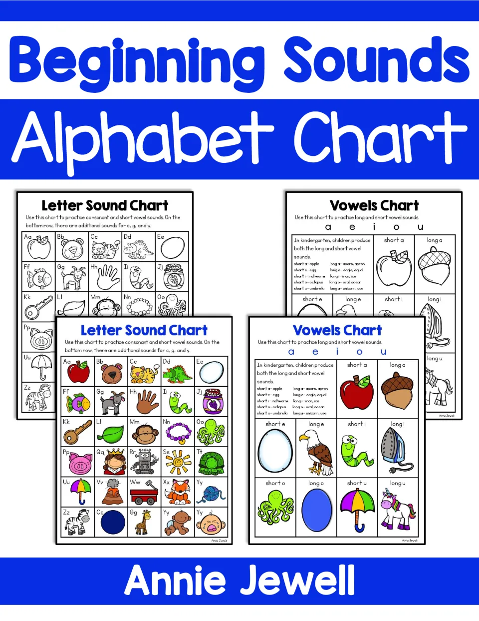 Beginning Sounds Alphabet Chart cover showing color and blackline Letter Sound and Vowels Chart pages