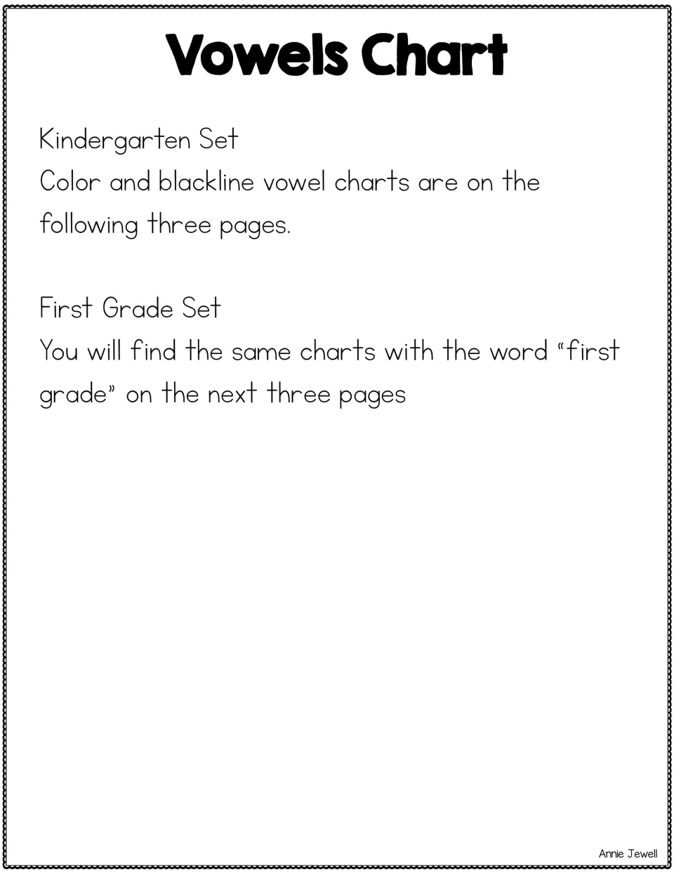 Vowels Chart section note: two sets of color and blackline vowel charts follow, each set on the next three pages