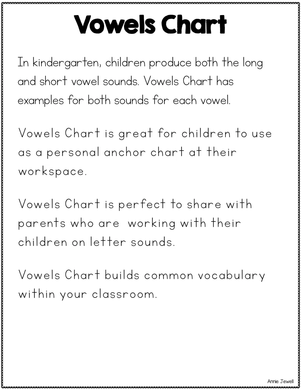 Vowels Chart teacher notes, kindergarten set: examples of long and short sounds for each vowel, for desk or home use