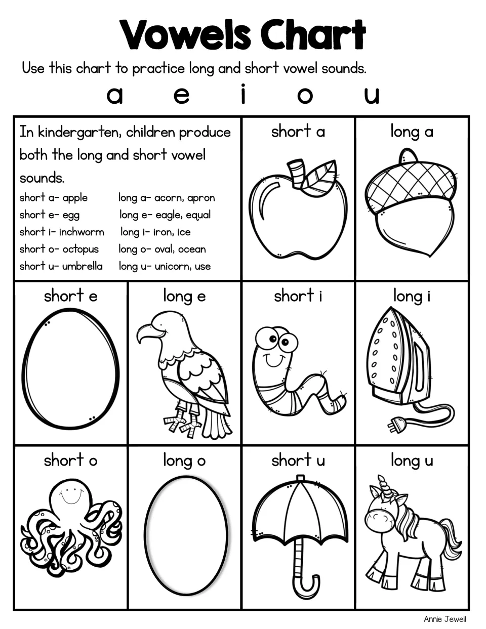 Blackline kindergarten vowel chart: short and long vowel pictures from apple and acorn to umbrella and unicorn