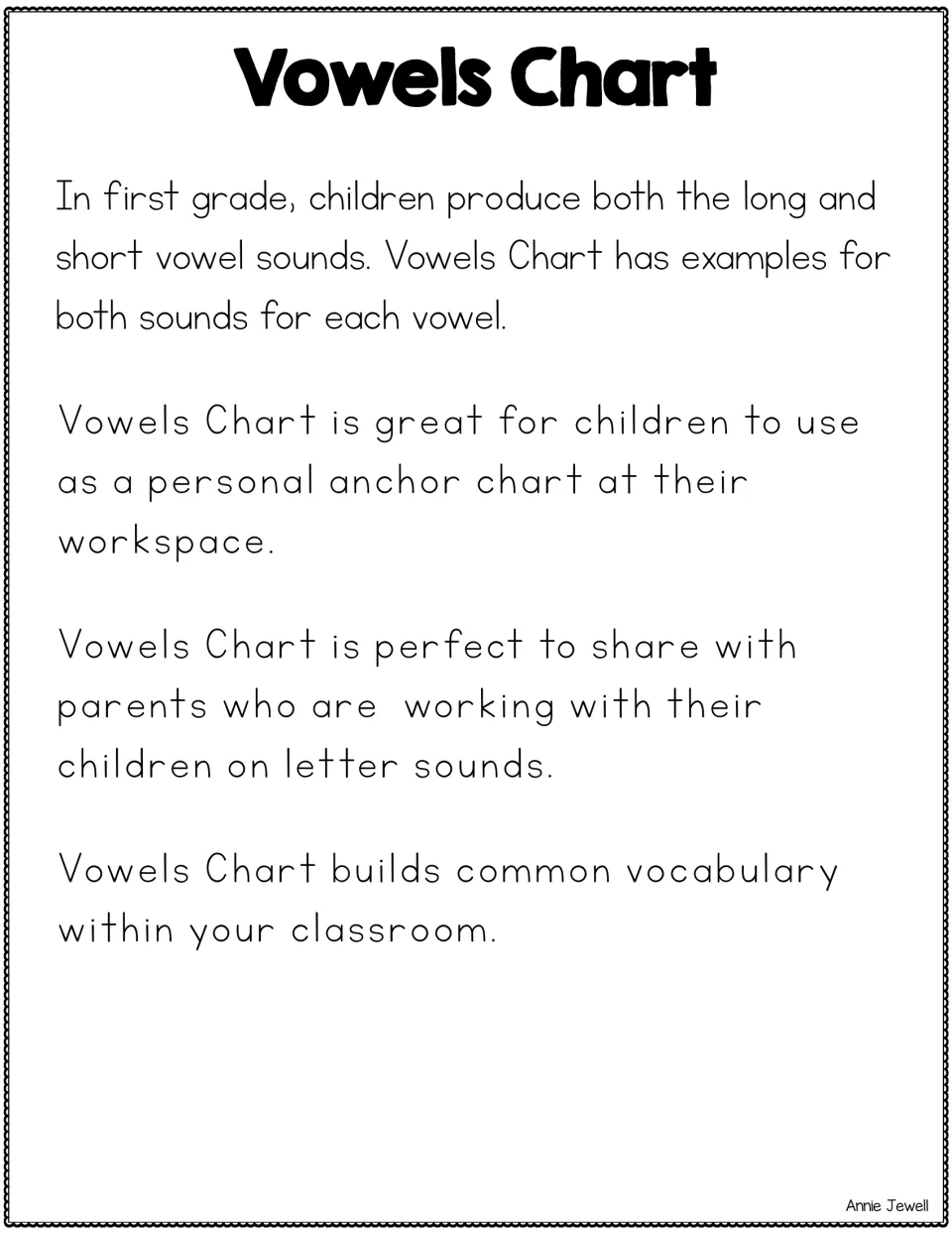 Vowels Chart teacher notes, first grade set: long and short vowel examples described for desks and sharing with parents