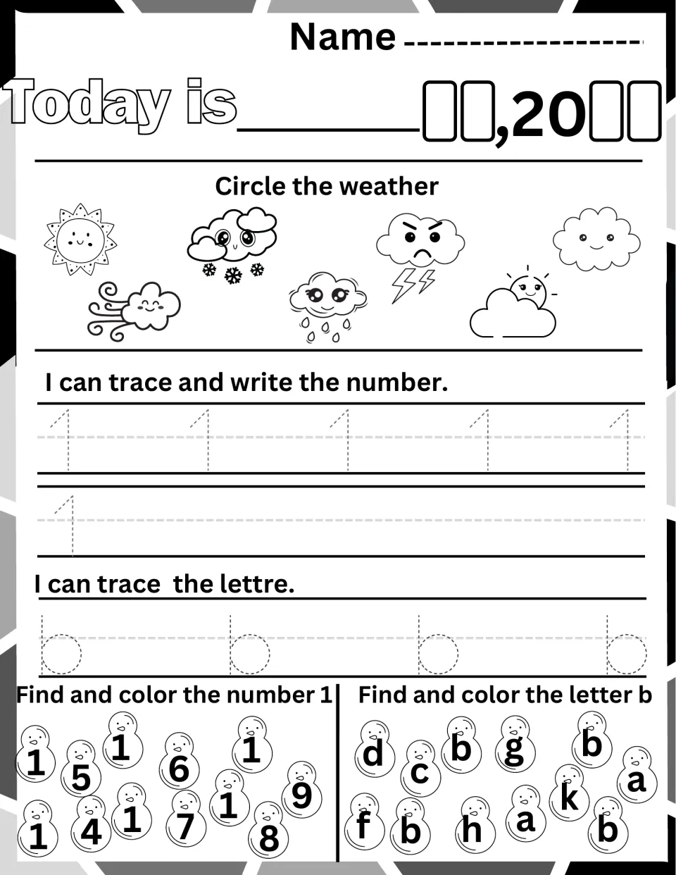 Number 1 and letter b daily review: date and weather check, tracing 1 and lowercase b, and a find-and-color of each symbol