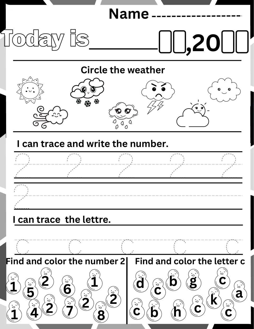 Tracing 2 and lowercase c: after writing the date and circling today's weather, children color every 2 and c they find