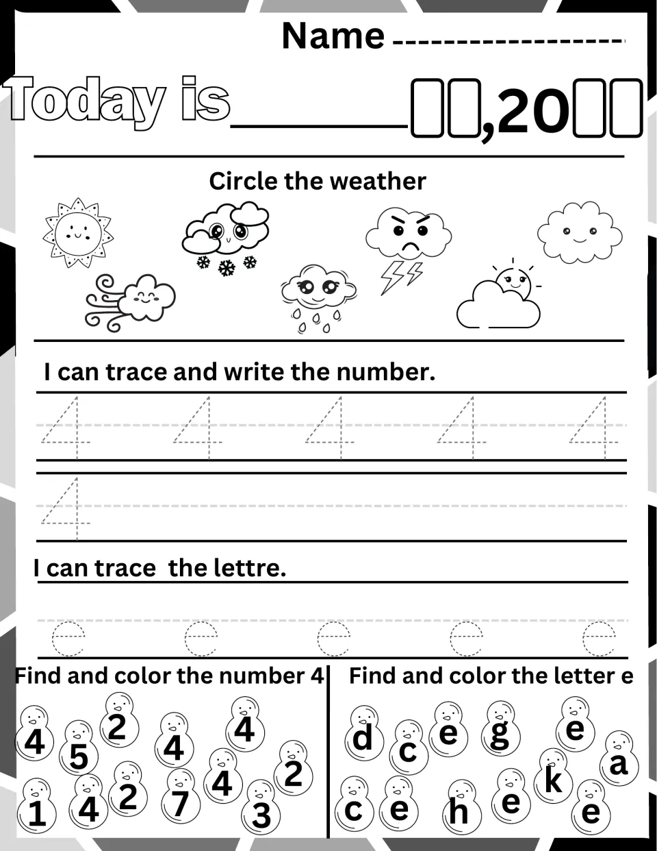 Number 4 and letter e recognition: students trace 4 and e, record the date and weather, then color each 4 and e they spot