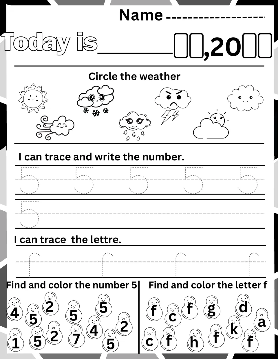 Number 5 and letter f morning page: date and weather routine, then tracing 5 and f and finding and coloring each one