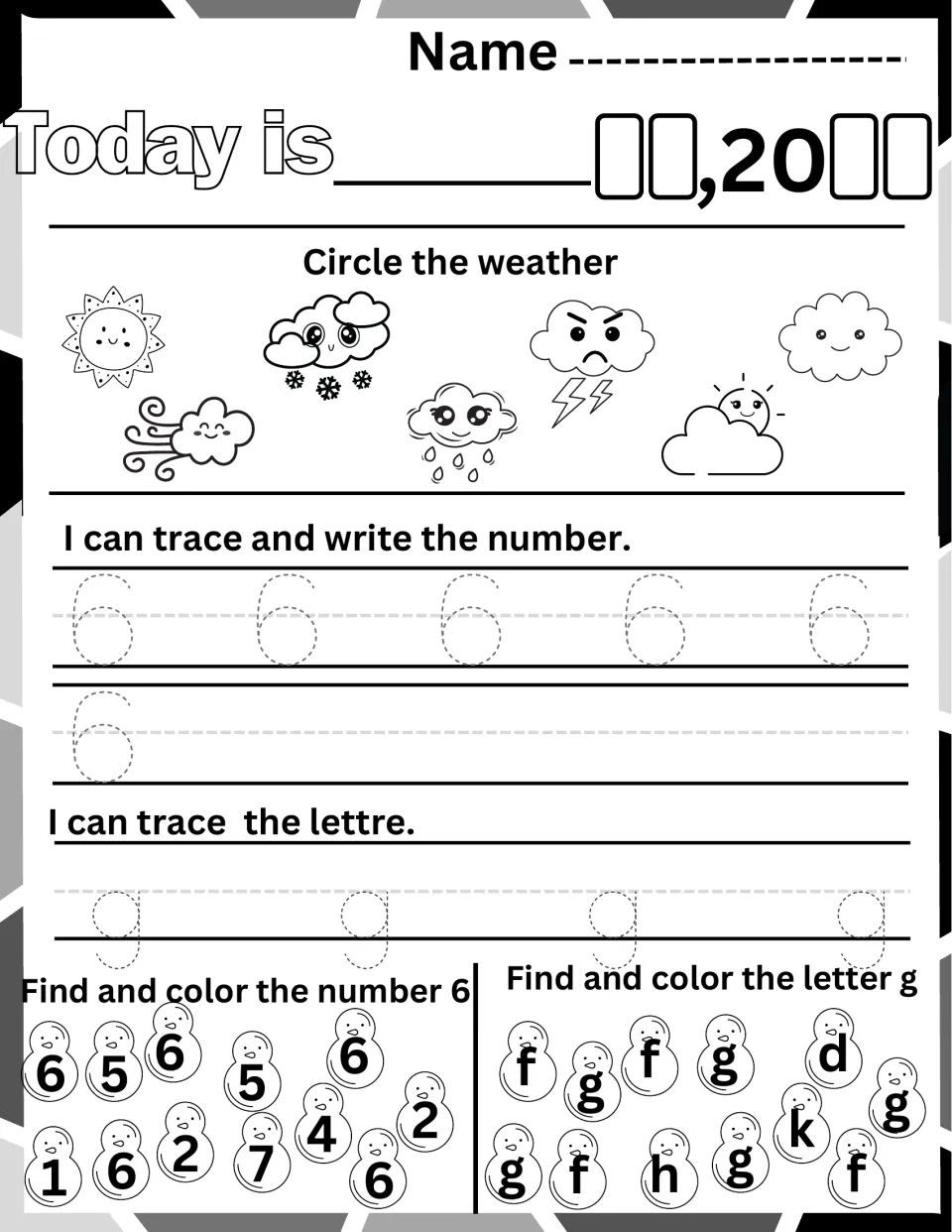 Number 6 and letter g handwriting: children trace 6 and lowercase g, mark the weather, and color every 6 and g they see