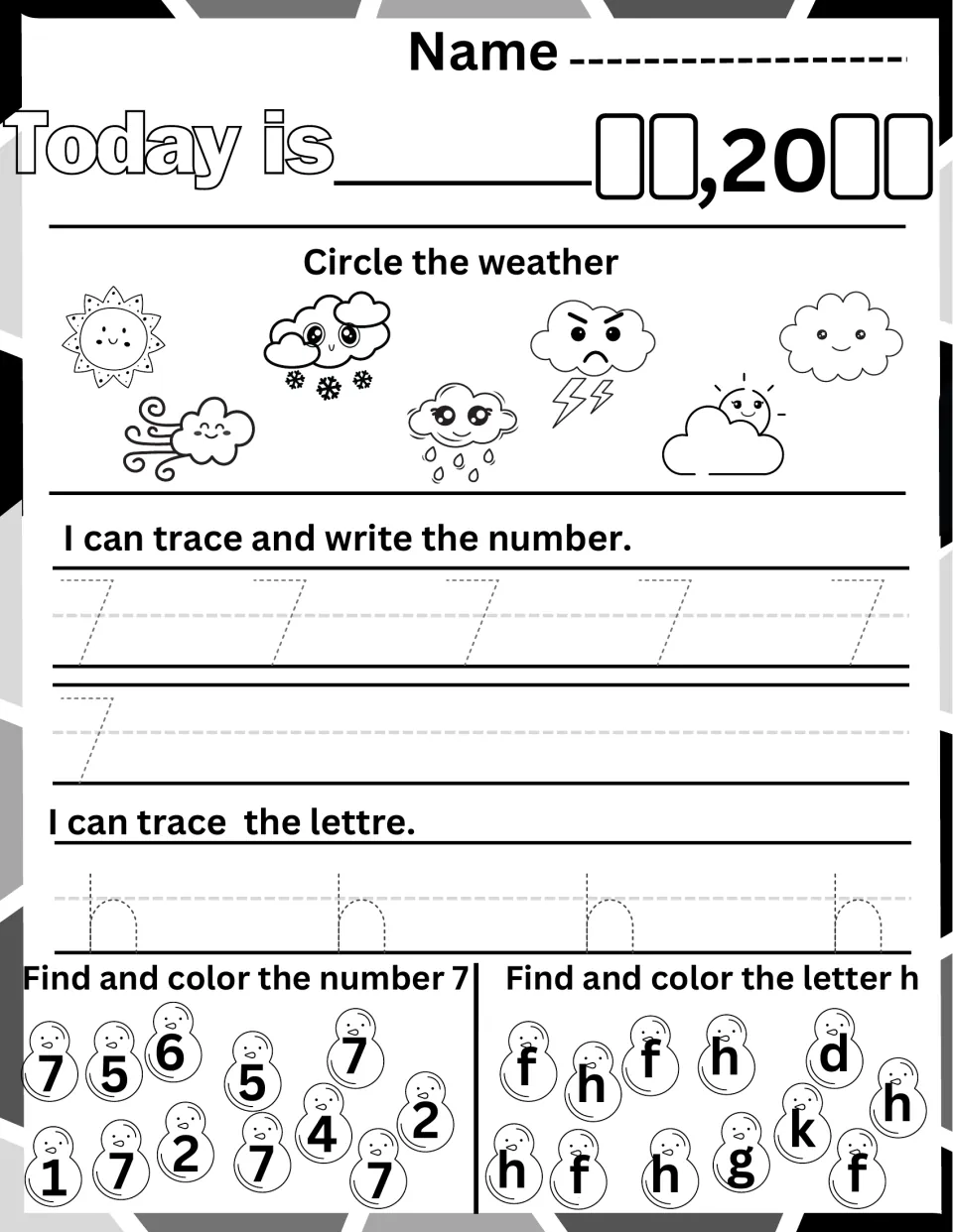 Number 7 and letter h review: write the date, circle the weather, trace 7 and h, and color each 7 and h in the mixed group