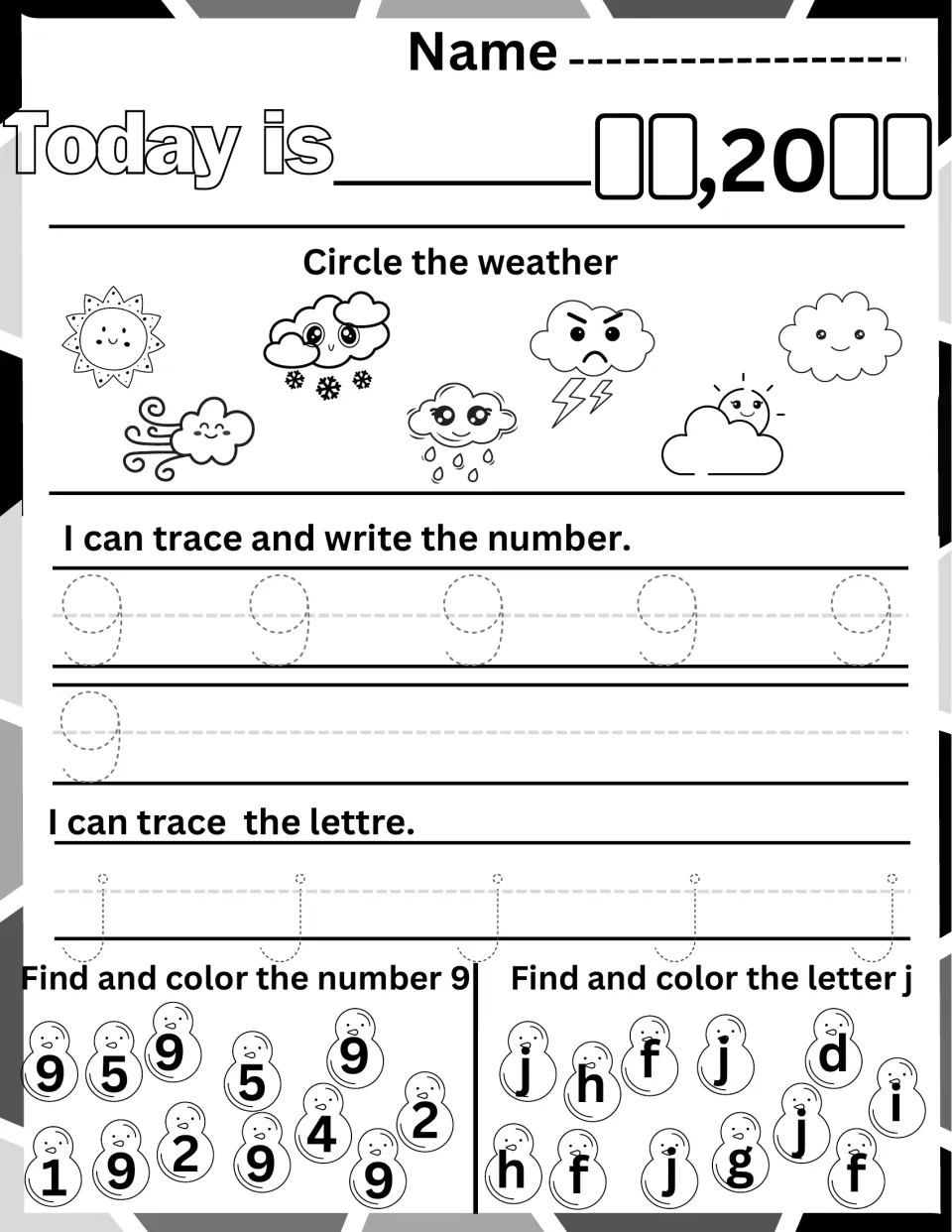 Number 9 and letter j recognition: students trace 9 and lowercase j, note the date and weather, then color the 9s and j's