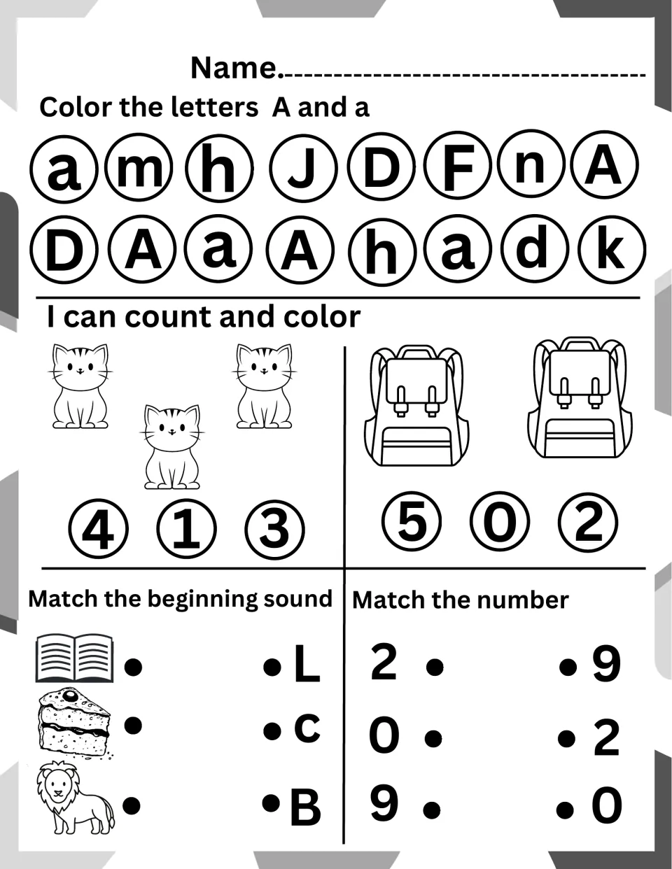Letter A review: color A and a, count cats and backpacks, match book, cake and lion to L, C or B, then match 2, 0 and 9
