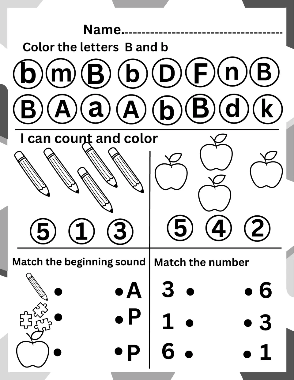 Letter B review: color B and b, count pencils and apples, match pencil, puzzle and apple to sounds, and match 3, 1, 6