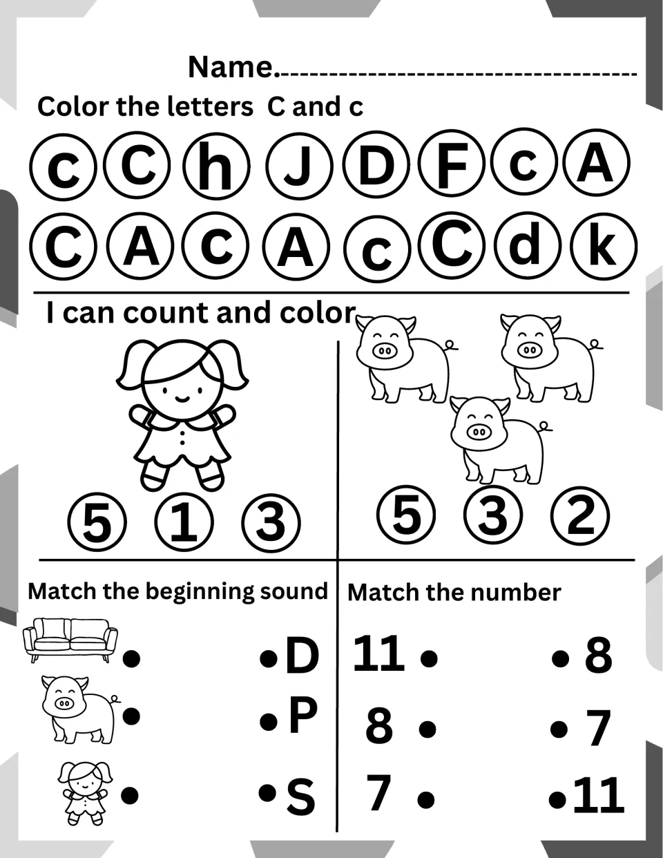 Letter C review: color C and c, count a doll and three pigs, match couch, pig and doll sounds, then match 11, 8 and 7