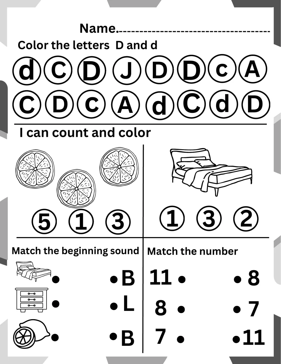 Letter D review: color D and d, count orange slices and a bed, match bed, dresser and lemon sounds, and match 11, 8, 7