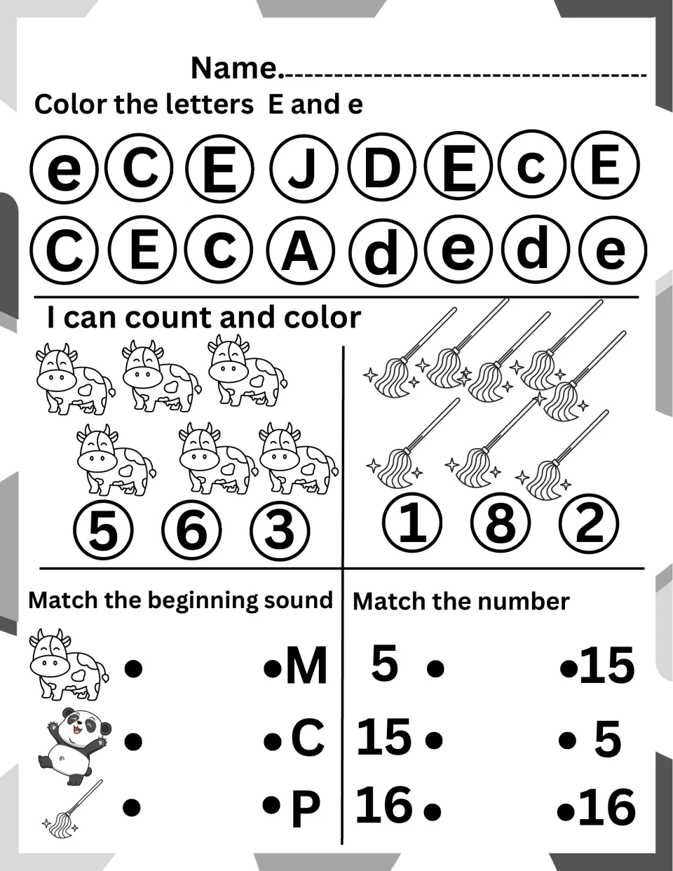 Letter E review: color E and e, count cows and mops, match cow, panda and mop to M, C or P, then match 5, 15 and 16