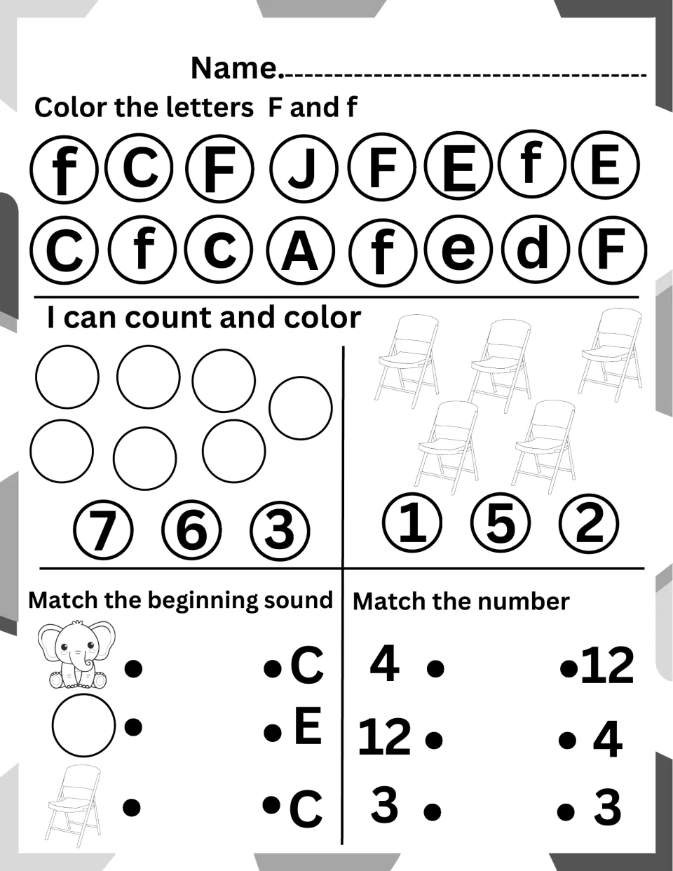 Letter F review: color F and f, count circles and chairs, match elephant, circle and chair sounds, and match 4, 12, 3