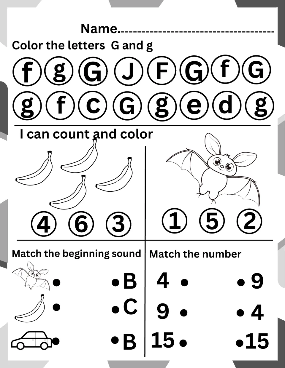 Letter G review: color G and g, count bananas and a bat, match bat, banana and car to B or C, then match 4, 9 and 15