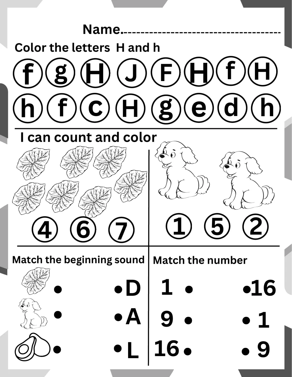 Letter H review: color H and h, count leaves and puppies, match leaf, dog and avocado sounds, then match 1, 9 and 16