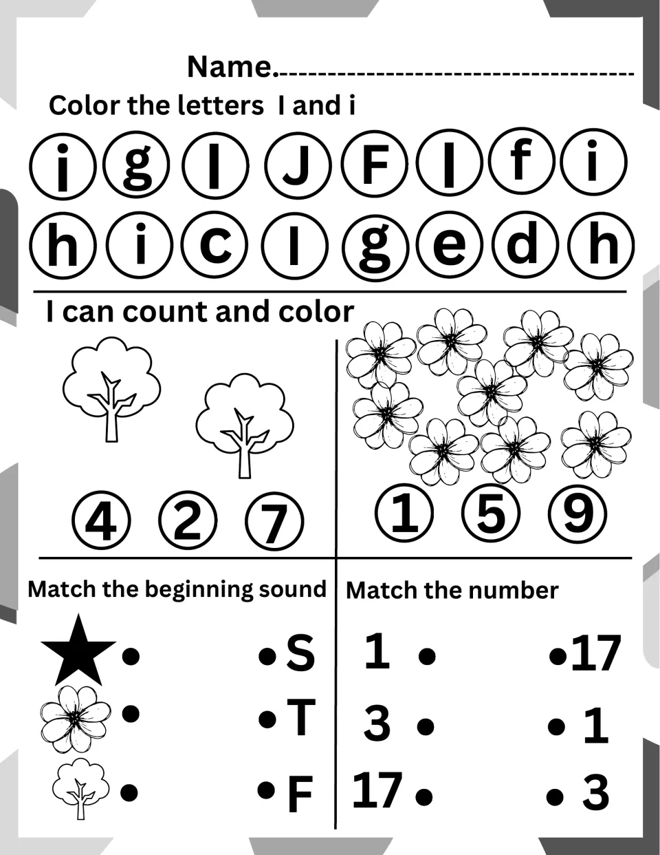 Letter I review: color I and i, count trees and flowers, match star, flower and tree to S, T or F, and match 1, 3, 17