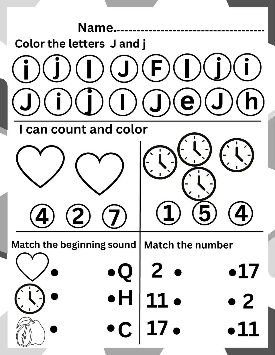 Letter J review: color J and j, count hearts and clocks, match heart, clock and pear sounds, and match 2, 11 and 17