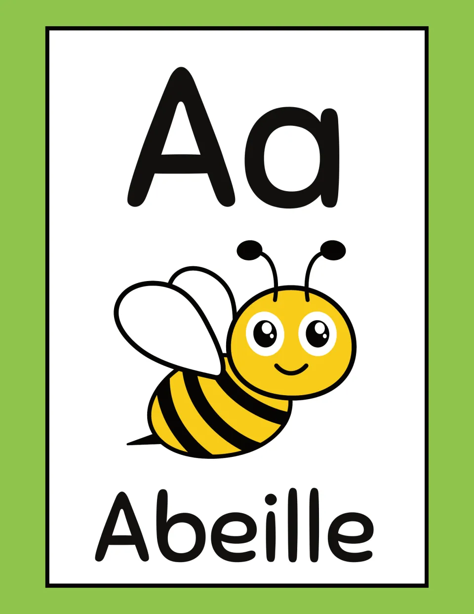 French animal alphabet flashcard for A: uppercase A, lowercase a, and 'Abeille' (bee) with a bee illustration