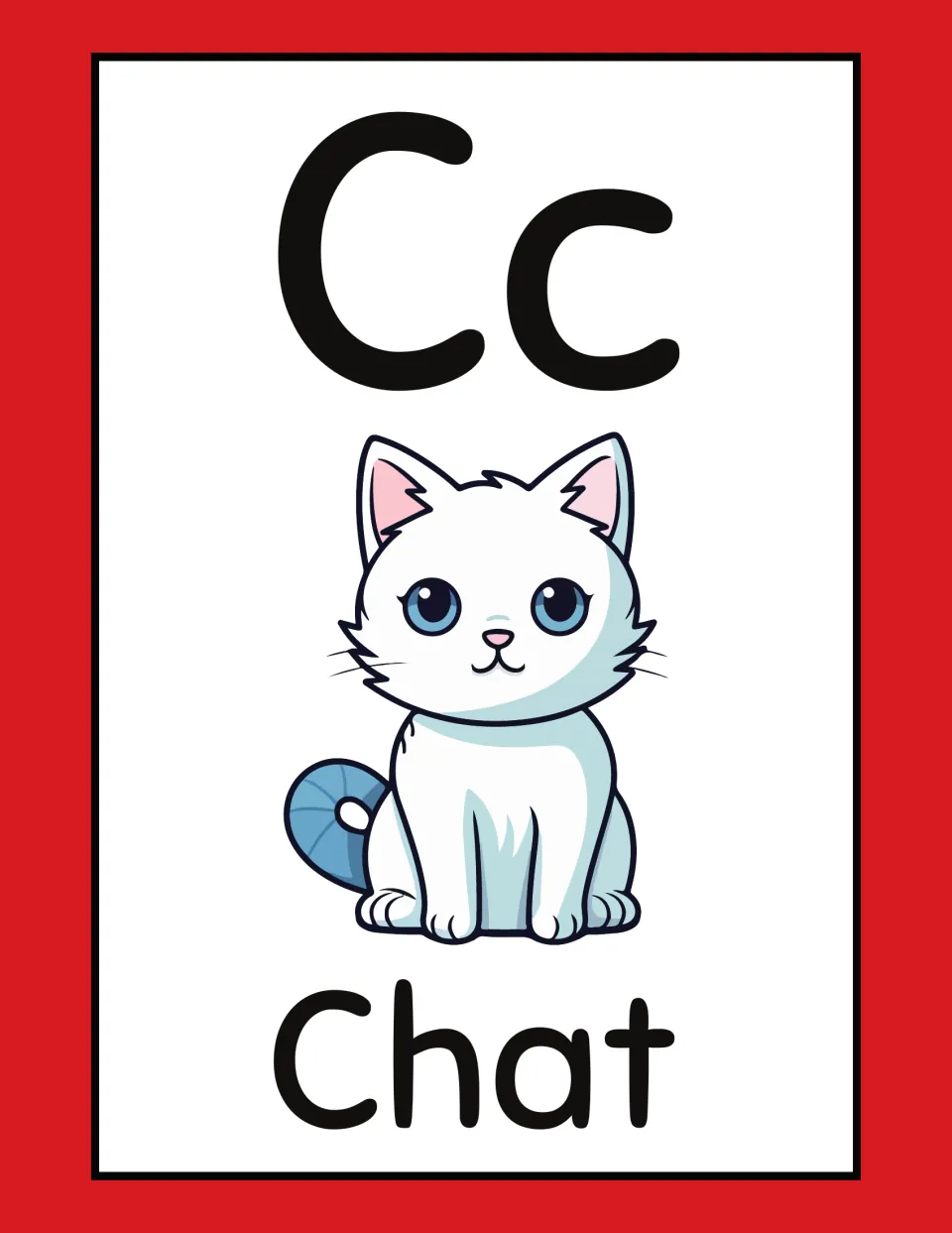 French animal alphabet flashcard for C: uppercase C, lowercase c, and 'Chat' (cat) with a cat illustration