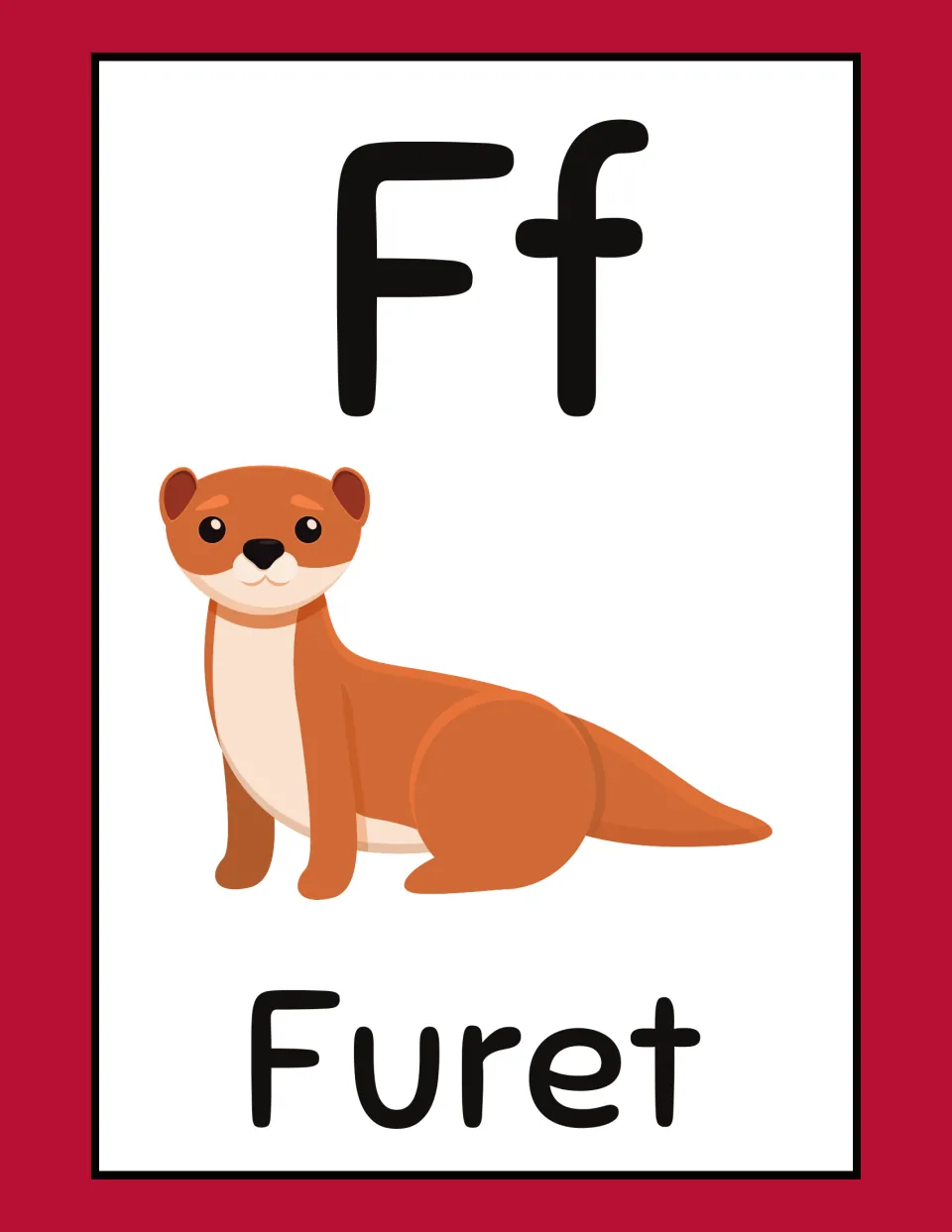 French animal alphabet flashcard for F: uppercase F, lowercase f, and 'Furet' (ferret), illustrated