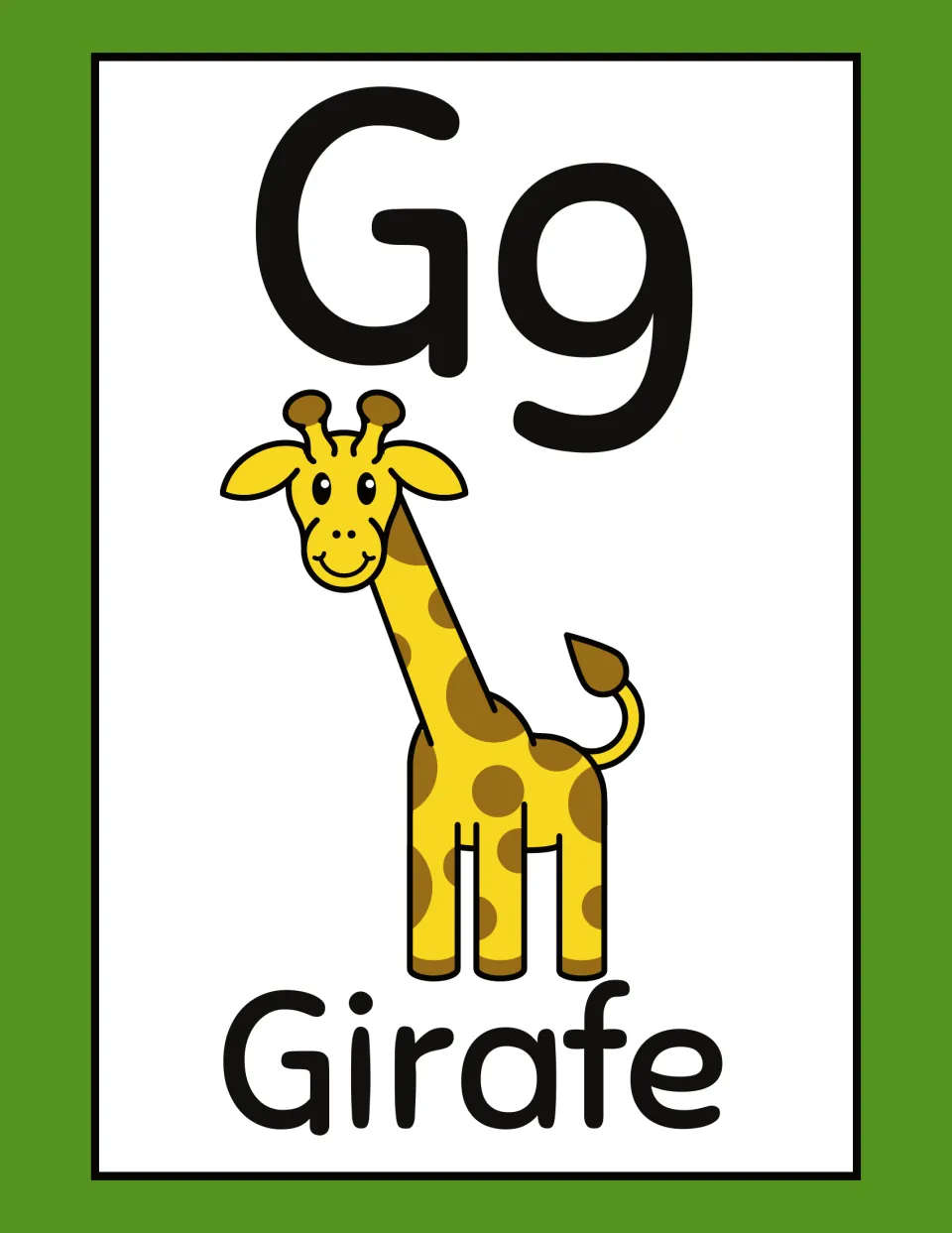 French animal alphabet flashcard for G: uppercase G, lowercase g, and 'Girafe' (giraffe), illustrated