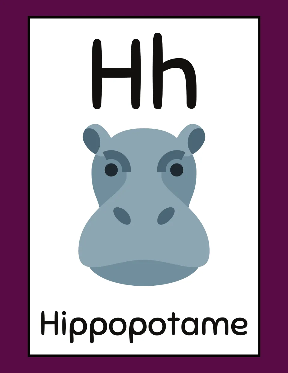 French animal alphabet flashcard for H: uppercase H, lowercase h, and 'Hippopotame' (hippopotamus), illustrated