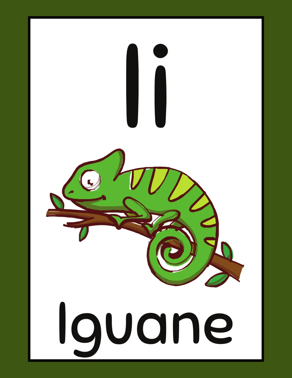 French animal alphabet flashcard for I: 'Ii' and 'Iguane' (iguana), with a curled-tail reptile on a branch