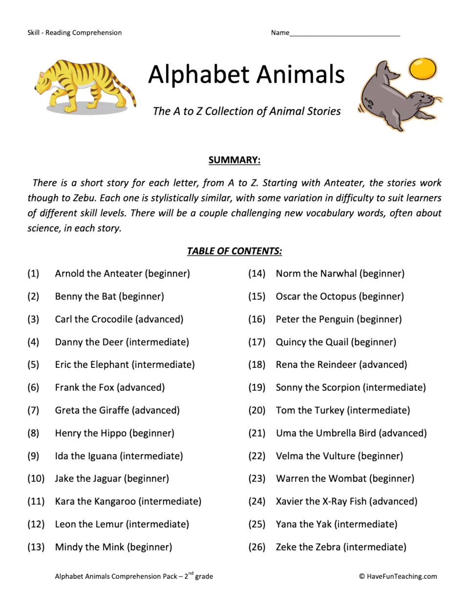 Alphabet Animals cover and contents listing 26 stories from Arnold the Anteater through Zeke the Zebra