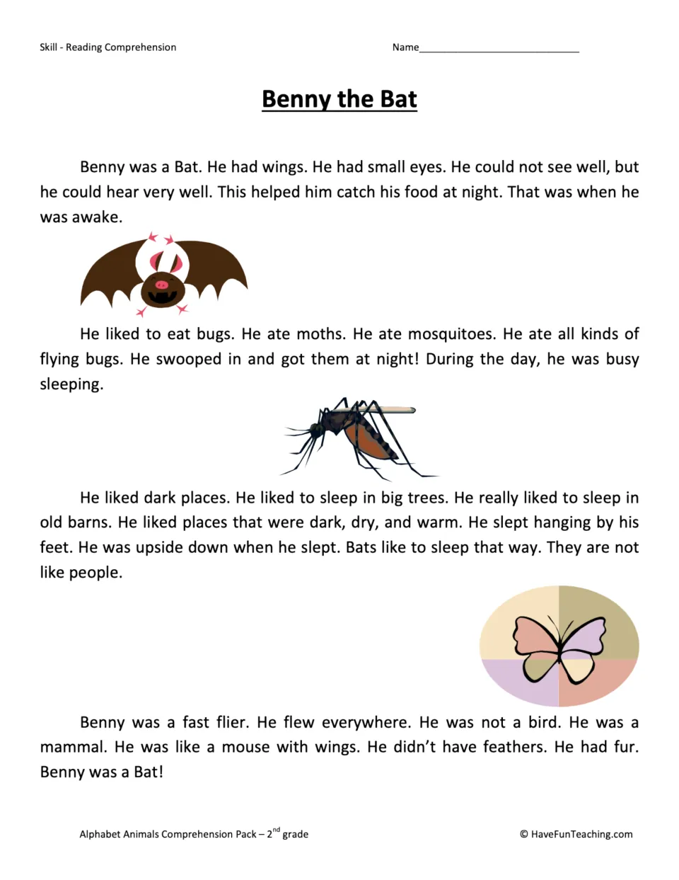 Benny the Bat reading passage describes his nighttime feeding, sleeping upside down, and mammal traits